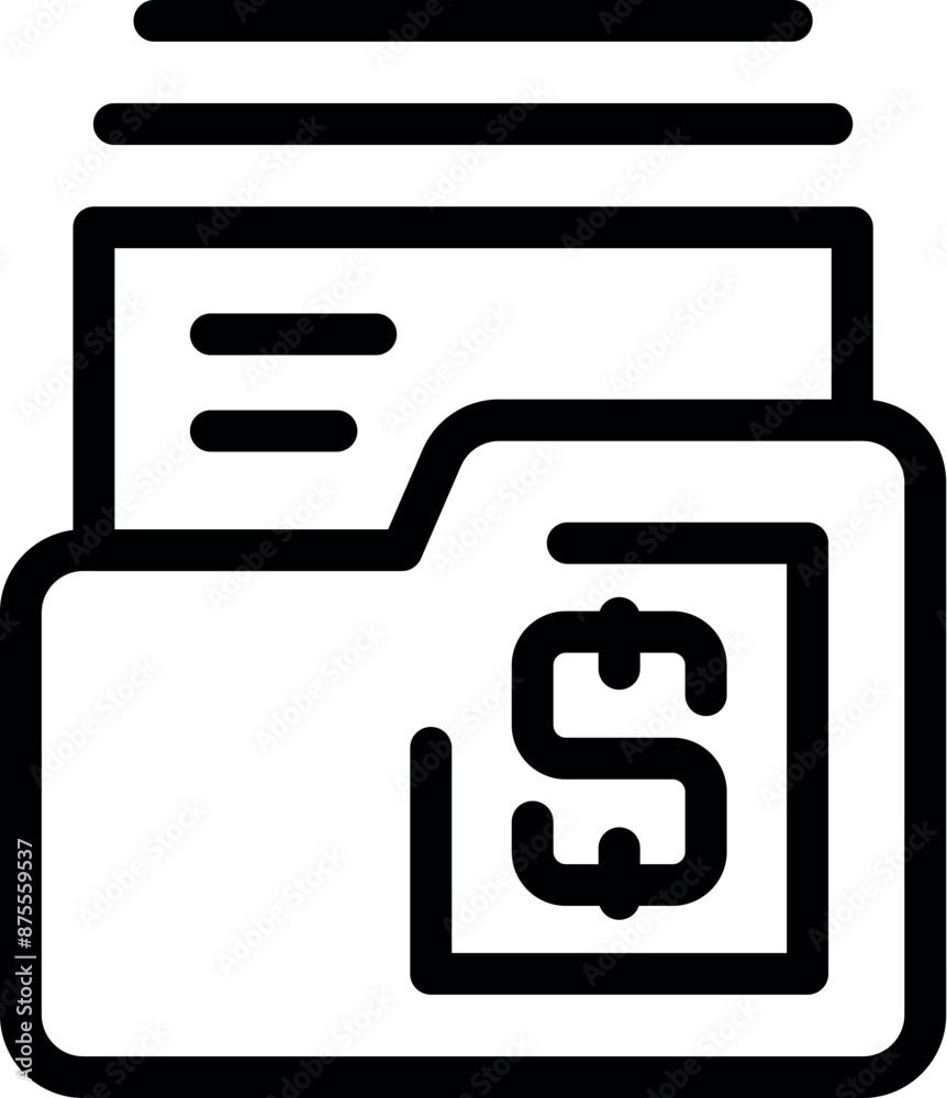 Line icon of a folder containing documents with a dollar sign, representing financial information Line icon of a folder containing documents with a dollar sign, representing financial information