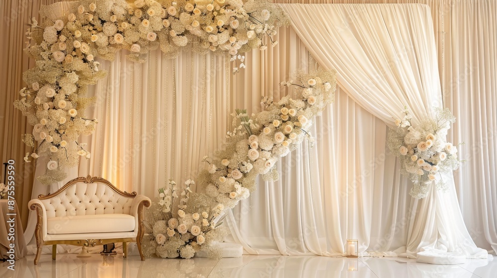 Elegant white backdrop adorned with shimmering gold accents Elegant white backdrop adorned with shimmering gold accents