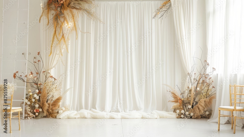 Elegant white backdrop adorned with shimmering gold accents