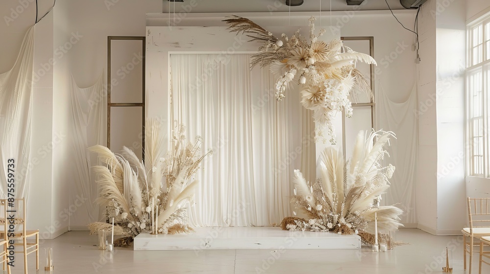 Elegant white backdrop adorned with shimmering gold accents Elegant white backdrop adorned with shimmering gold accents