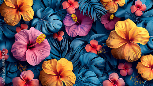 Seamless Tropical Floral Pattern with Hibiscus and Palm Leaves in a Summer Design