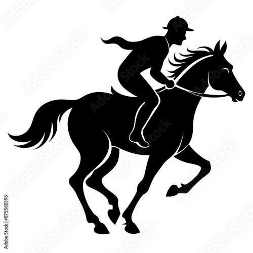 Jockey Riding Running Horse Silhouette on White Background
