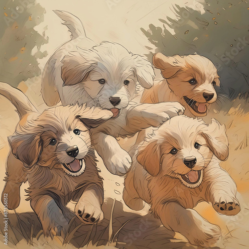 뛰어놀고있는 여러마리의 강아지