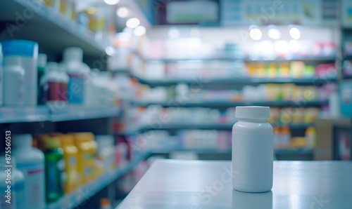 Un flacone di medicinali su un tavolo con uno sfondo sfocato di scaffali farmaceutici.