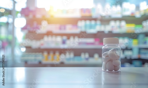 Un flacone di medicinali su un tavolo con uno sfondo sfocato di scaffali farmaceutici.