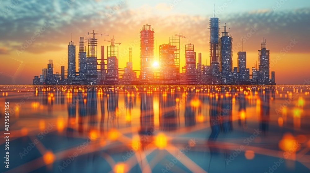 a conceptual futuristic cityscape with high-rise buildings and glowing lights reflected on a water-like surface during sunset, symbolizing modern construction and urban development. a conceptual futuristic cityscape with high-rise buildings and glowing lights reflected on a water-like surface during sunset, symbolizing modern construction and urban development.