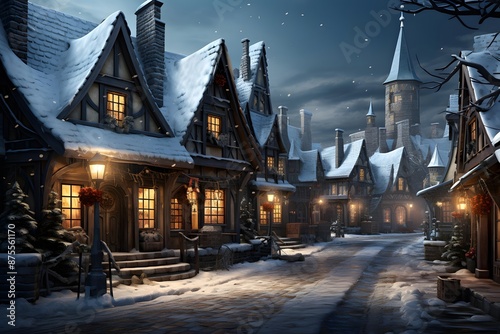 Winter night in the village. Christmas and New Year holidays concept. © Iman