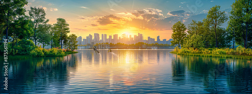 Scenic City Skyline at Sunset with Reflective Water and Modern Skyscrapers
