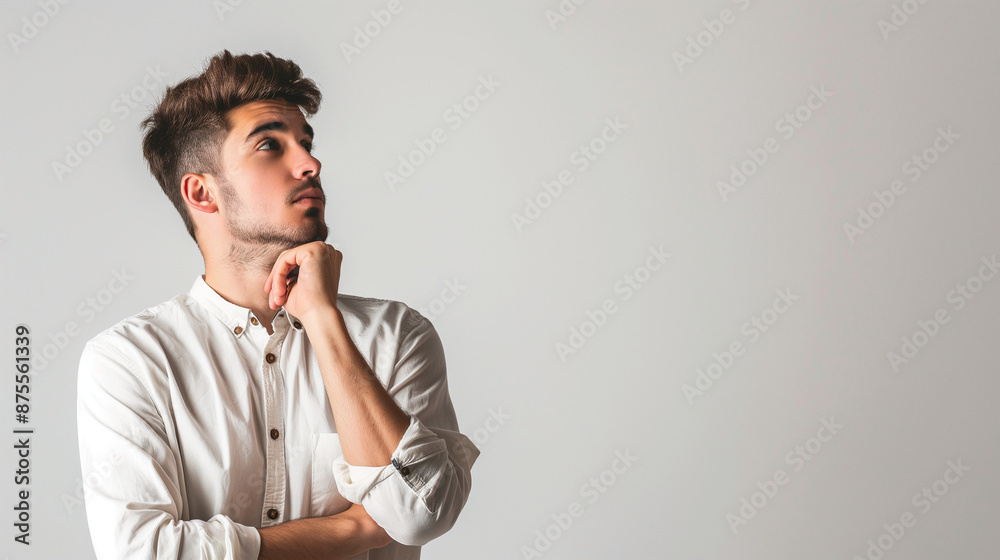 A man on a white background is thinking about something