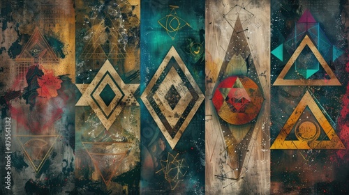 Hipster inspired 4x6 postcards featuring sacred geometric shapes and textured backgrounds photo