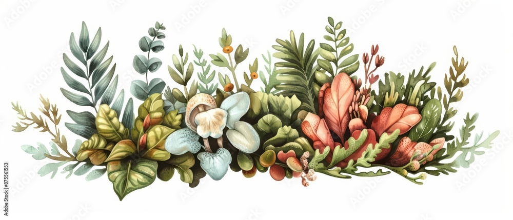Fototapeta premium A charming watercolor illustration of ecology, capturing the interconnectedness of ecosystems with plants, animals, and habitats, isolate on white background with copy space