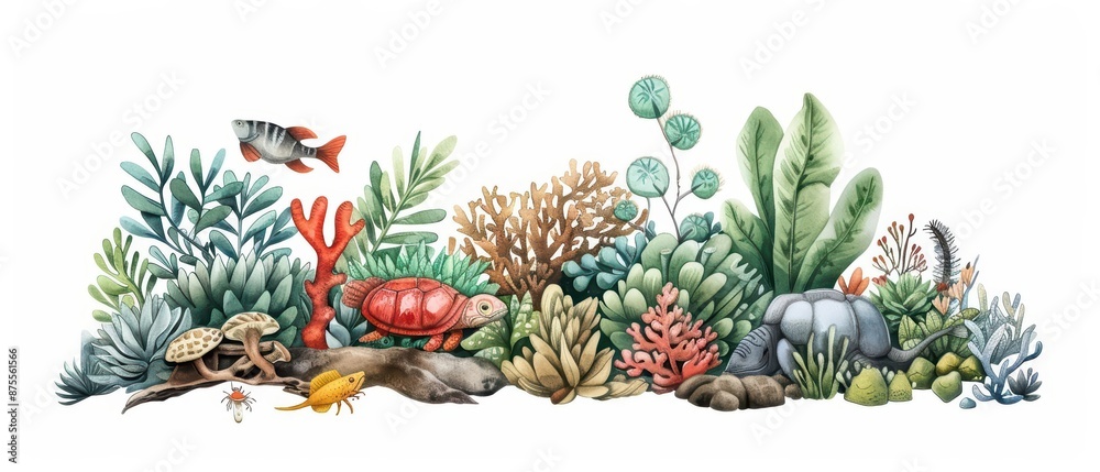 Fototapeta premium A charming watercolor illustration of ecology, capturing the interconnectedness of ecosystems with plants, animals, and habitats, isolate on white background with copy space