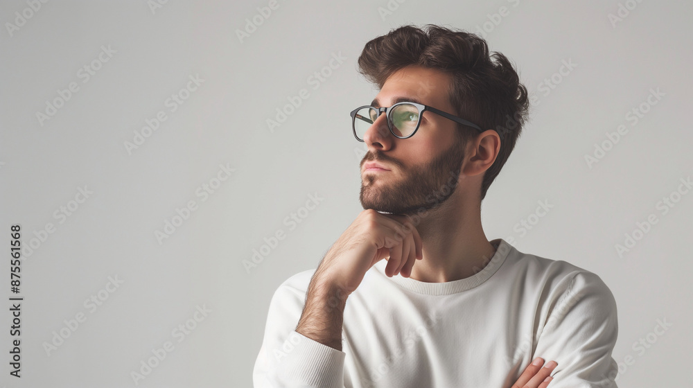 A man on a white background is thinking about something A man on a white background is thinking about something
