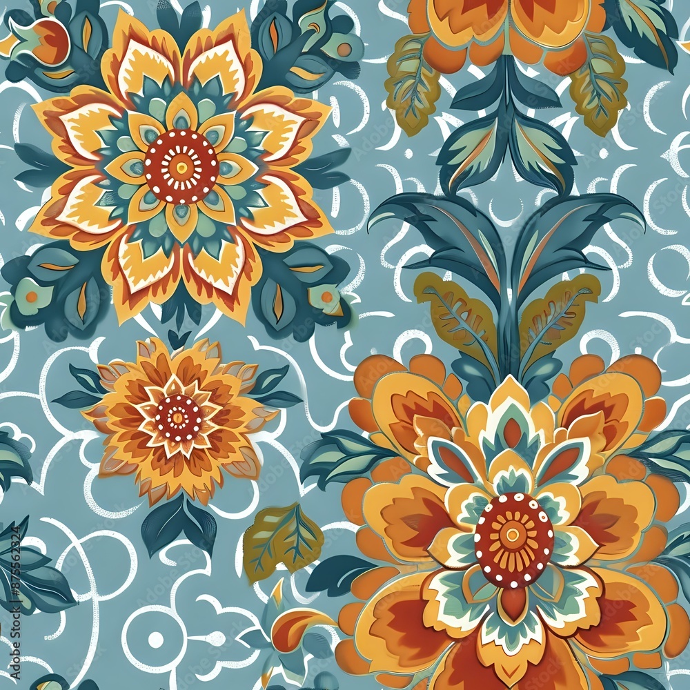 Fototapeta premium Whimsical Stylized Flower Folk Art Pattern