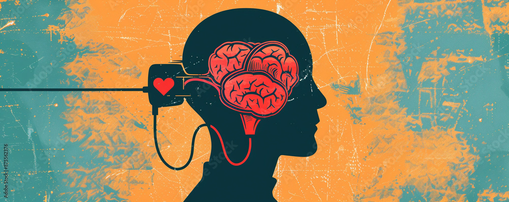 Man person with cable emerging connecting brain and heart mental health ...