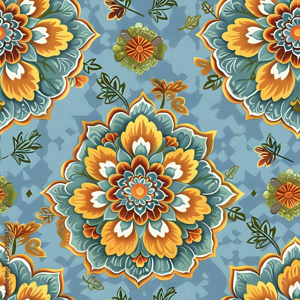 Stylized Flower Folk Art Pattern in Blue and Green Stylized Flower Folk Art Pattern in Blue and Green