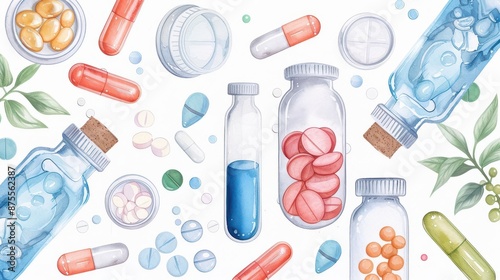 A detailed watercolor depiction of pharmacology, showcasing the discovery and effects of drugs and medications, isolate on white background with copy space photo