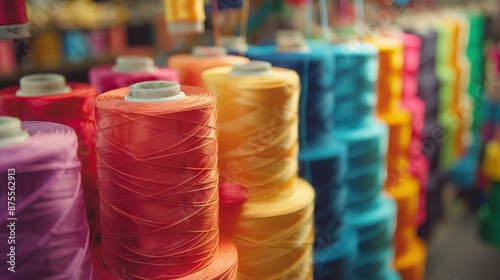 Colorful embroidery thread spools for garment industry and market.