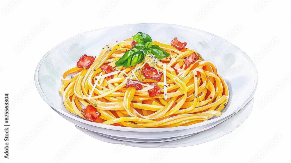 A lively watercolor rendering of carbonara, illustrating the creamy pasta with pancetta and parmesan, isolate on white background with copy space A lively watercolor rendering of carbonara, illustrating the creamy pasta with pancetta and parmesan, isolate on white background with copy space