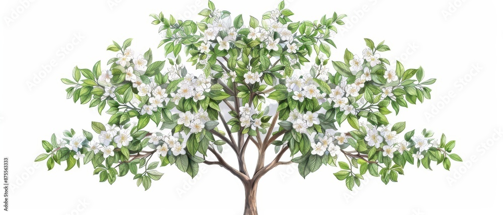 A lively watercolor rendering of a silverbell tree, highlighting its beautiful, bellshaped white flowers in spring, isolate on white background with copy space A lively watercolor rendering of a silverbell tree, highlighting its beautiful, bellshaped white flowers in spring, isolate on white background with copy space