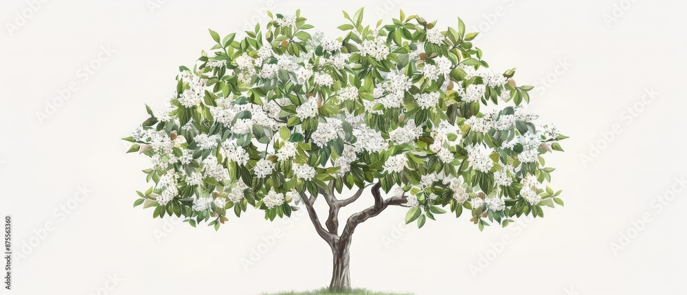 Obraz premium A lively watercolor rendering of a silverbell tree, highlighting its beautiful, bellshaped white flowers in spring, isolate on white background with copy space