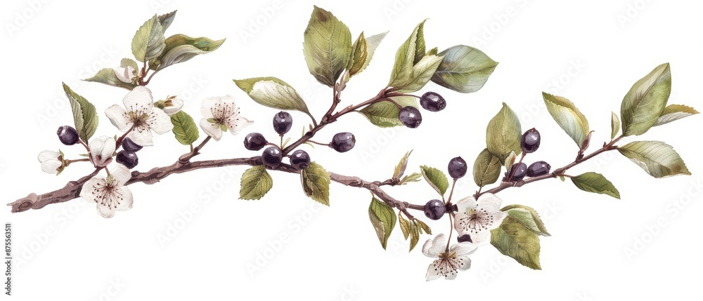 A rich watercolor painting of a serviceberry tree, capturing its white spring blossoms and dark purple summer berries, isolate on white background with copy space