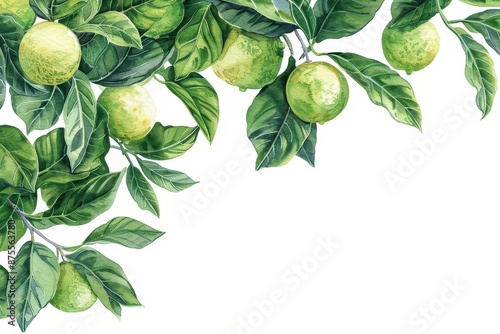 A soft watercolor rendering of osage orange trees, highlighting their distinctive, textured green fruits hanging among the foliage, isolate on white background with copy space photo