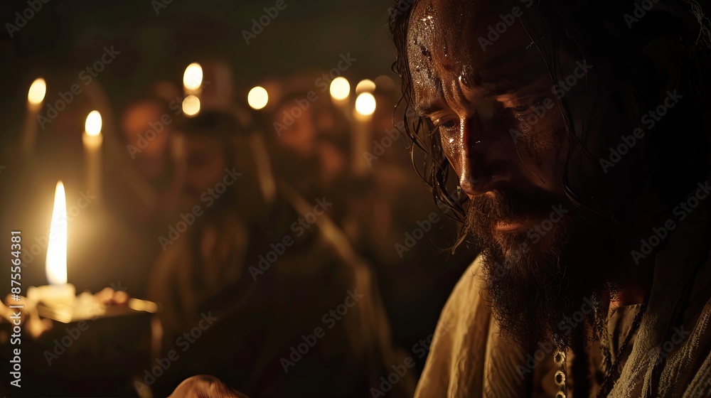 Naklejka premium Jesus Christ granting forgiveness in darkness.