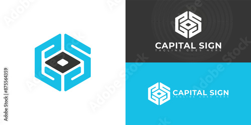 Abstract initial hexagon letter CS or SC logo in blue color isolated on multiple background colors. The logo is suitable for capital business logo vector design illustration inspiration templates.