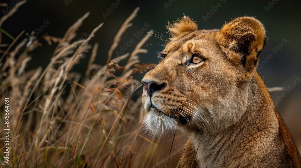 A lion is looking at the camera in a field of tall grass. Concept of wildness and freedom, as the lion stands tall and proud in its natural habitat A lion is looking at the camera in a field of tall grass. Concept of wildness and freedom, as the lion stands tall and proud in its natural habitat
