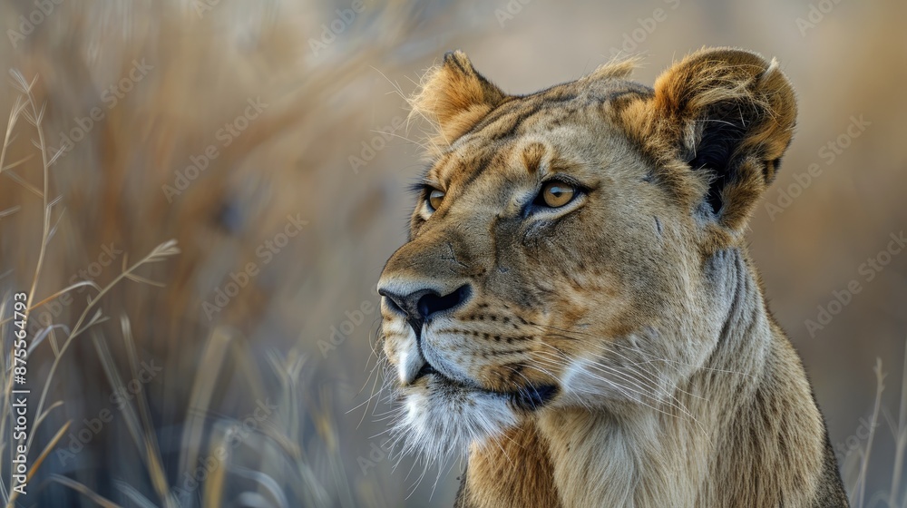 Fototapeta premium A lion is looking at the camera with its mouth open. The image has a moody and mysterious feel to it, as the lion's gaze seems to be searching for something