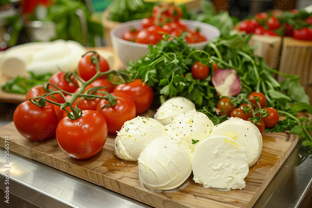 Mozzarella cheese with basil and tomatoes on a wooden background. Mozzarella cheese with basil and tomatoes on a wooden background.