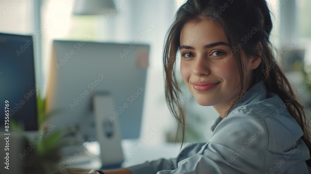 Hispanic woman working on computer in modern office collaborating online. Hispanic woman working on computer in modern office collaborating online.