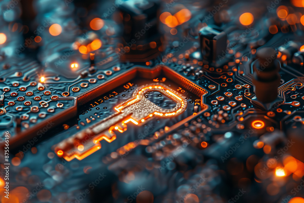 Fototapeta premium Key symbol on the electronic circuit. Cyber security concept. 