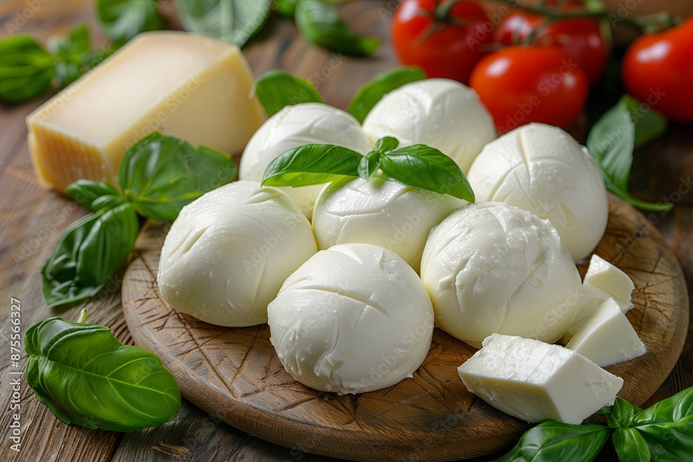Mozzarella cheese with basil and tomatoes on a wooden background. Mozzarella cheese with basil and tomatoes on a wooden background.