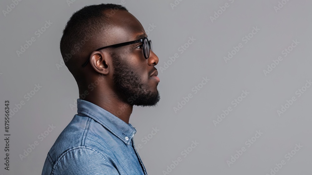 Obraz premium African man in blue shirt and glasses on gray background.