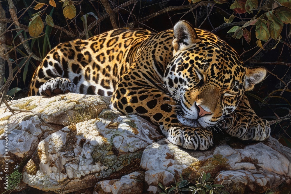 Obraz premium A jaguar is sleeping on a rock