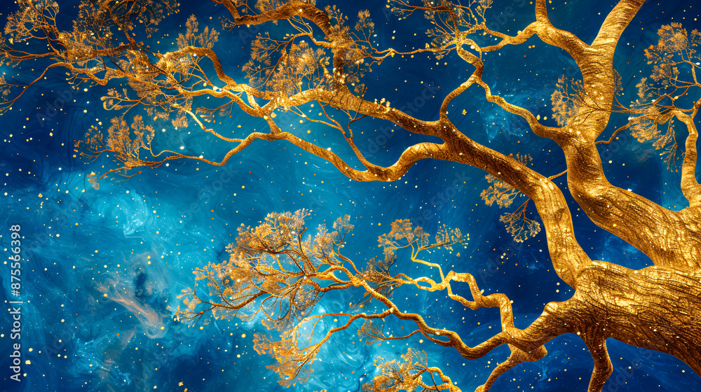 Fototapeta premium Abstract Blue and Gold Marble Pattern with Textured Watercolor Design Elements