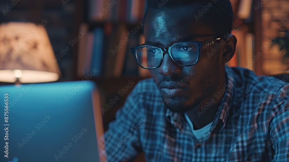 Happy African American man wearing glasses working online. Happy African American man wearing glasses working online.