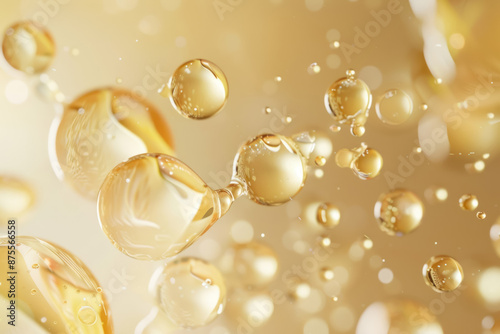 golden molecular structure on a shimmering beige background with sparkling particles