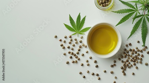 Bowl with hemp oil leaf and seeds on white background top view