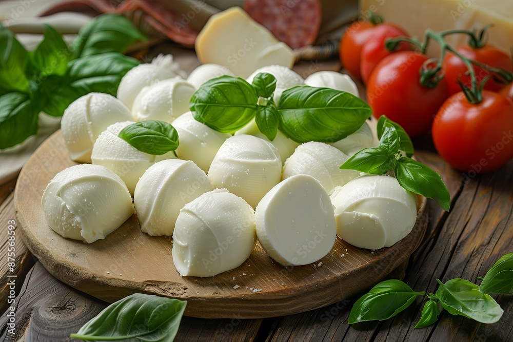 Fresh mozzarella cheese balls with herbs and spices on a wooden board Fresh mozzarella cheese balls with herbs and spices on a wooden board