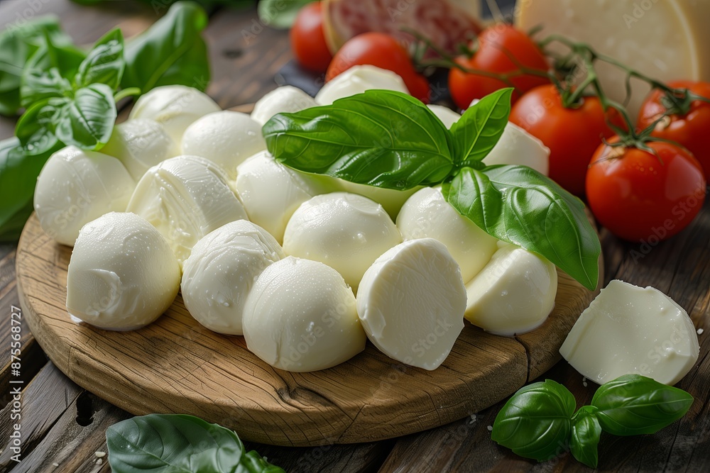 Mozzarella cheese with basil and tomatoes on a wooden background. Mozzarella cheese with basil and tomatoes on a wooden background.