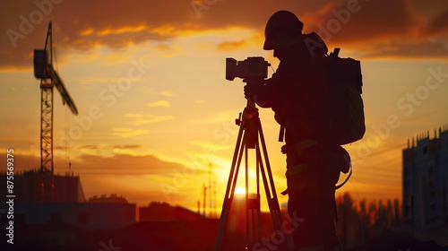 Man uses theodolite to measure coordinates for new building. photo