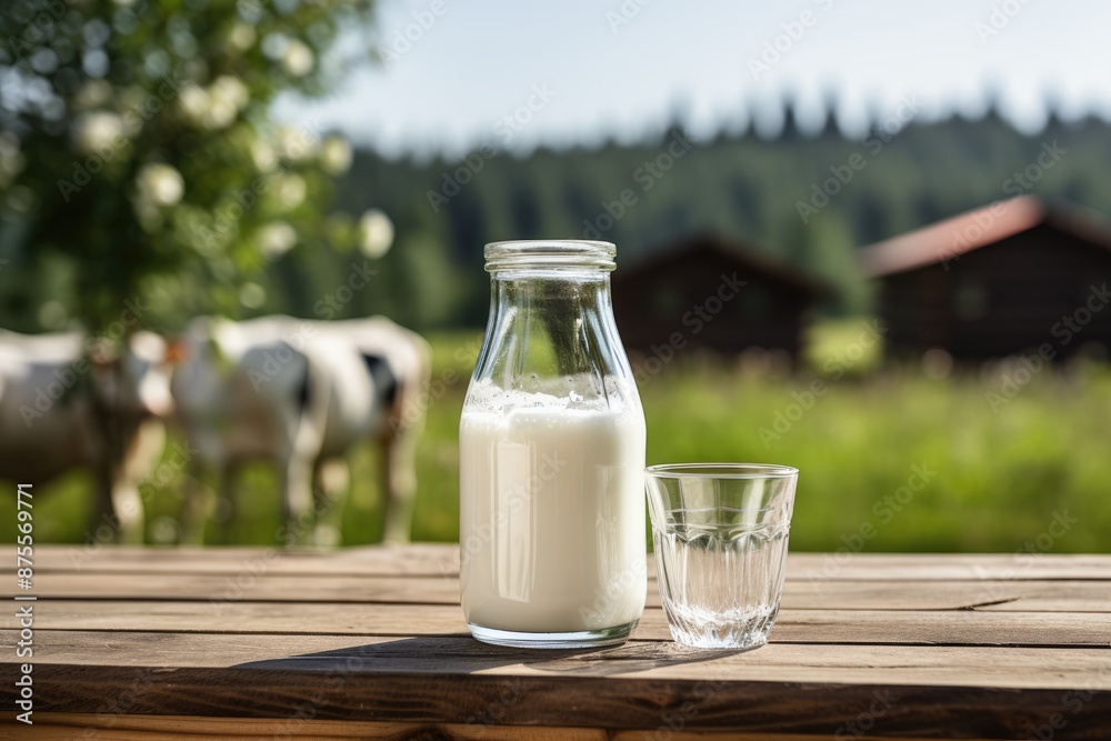 Idyllic meadow backdrop features serene cow alongside milk bottle and glass, evoking a rustic ambiance of pure dairy goodness and pastoral tranquility Idyllic meadow backdrop features serene cow alongside milk bottle and glass, evoking a rustic ambiance of pure dairy goodness and pastoral tranquility