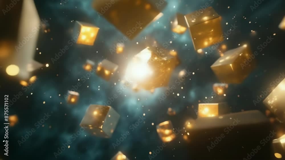 Various golden cubes float and glow in a mystical night sky, exuding a ...