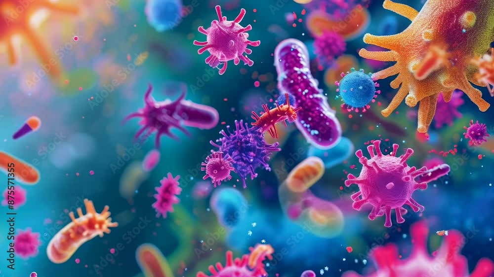 A vibrant microscopic view of various bacteria and viruses in bright colors. The pathogens exhibit diverse shapes and sizes, displayed against a teal and blue background. The scene appears energetic A vibrant microscopic view of various bacteria and viruses in bright colors. The pathogens exhibit diverse shapes and sizes, displayed against a teal and blue background. The scene appears energetic