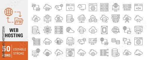 Web Hosting outline web icons set. Web hosting, server, data center, cloud hosting, domain, ftp, internet, database and firewall. Editable stroke