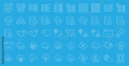 Web Hosting outline web icons set. Web hosting, server, data center, cloud hosting, domain, ftp, internet, database and firewall. Editable stroke