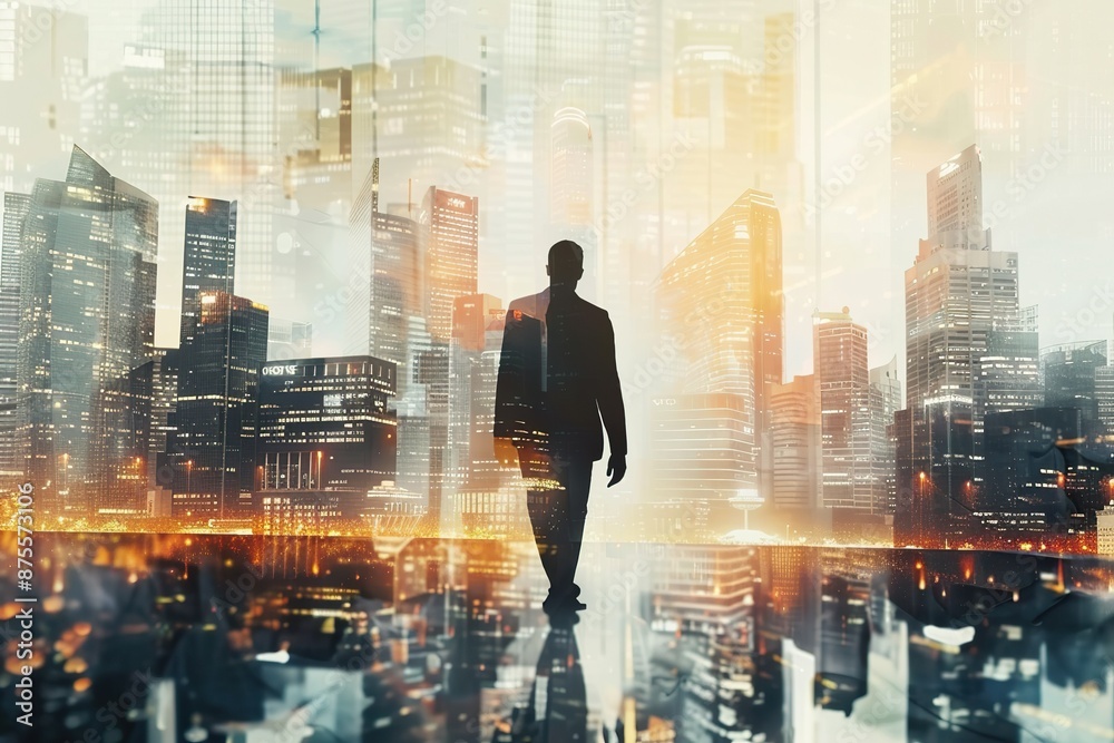 Fototapeta premium Silhouette of Businessman Over City Skyline.